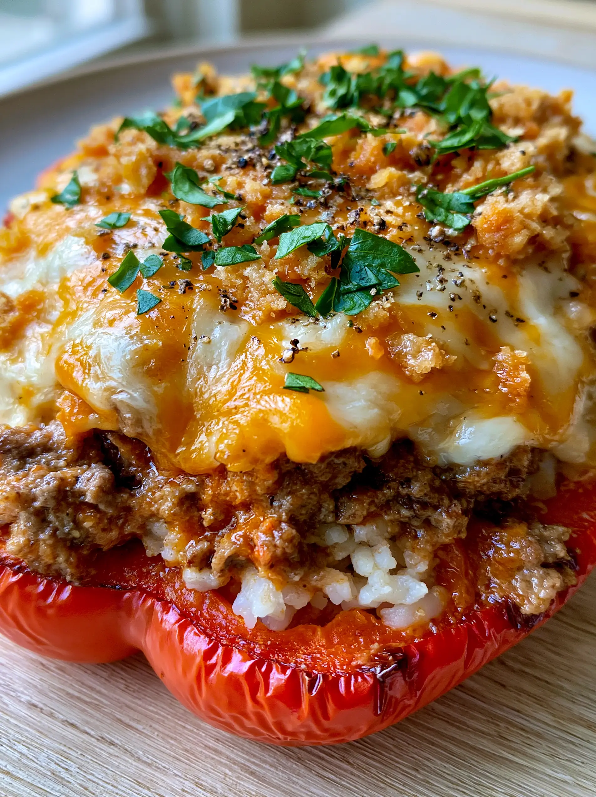 A handheld smartphone photo showing a halved red bell pepper with charred edges, steaming beef filling, and bubbling golden cheese. (stuffed peppers recipe)