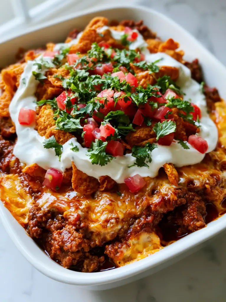 A smartphone photo of Mexican Dorito Casserole garnished with fresh cilantro, diced Roma tomatoes, and thick Mexican crema drizzle.