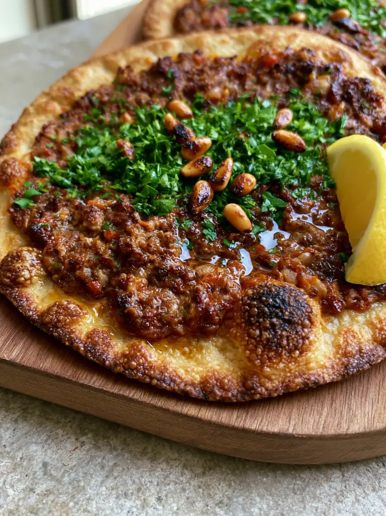 Handheld smartphone photo of a sfiha meat pie with visible glistening lemon juice droplets and fresh parsley.