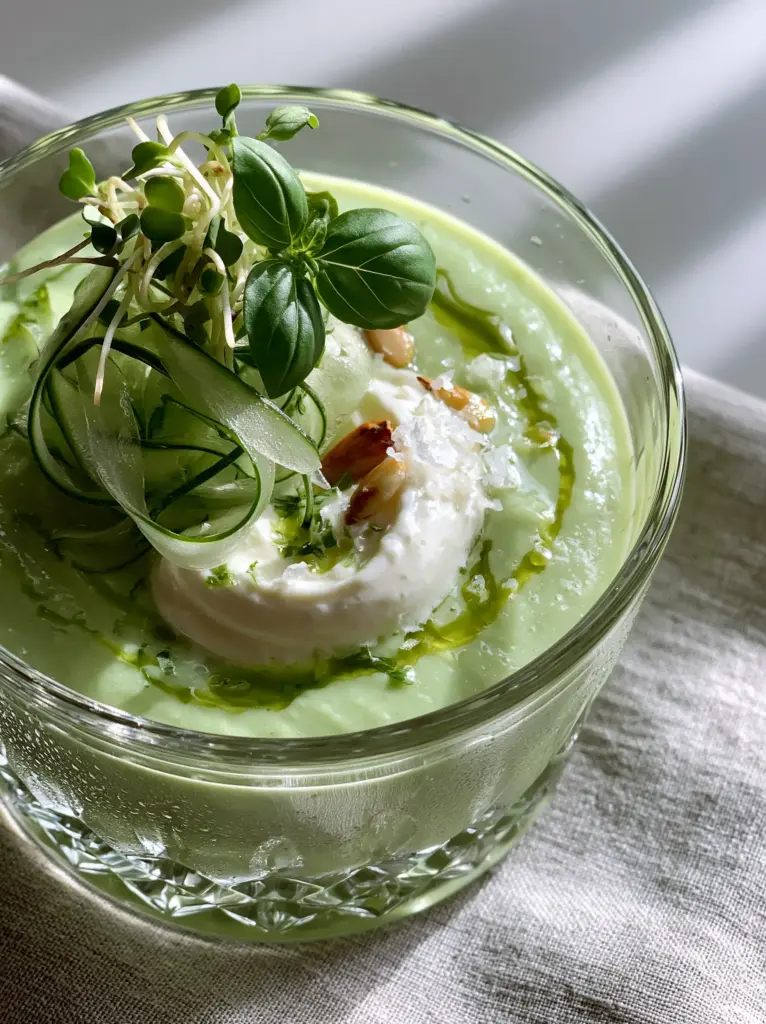 Macro shot of moisture-misted glass bowl containing chilled green summer soup and micro-basil.