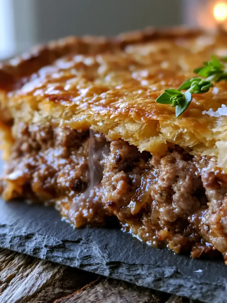 Handheld smartphone photo of a French Meat Pie slice on rustic slate, highlighting flaky sea salt and herbs. (French Meat Pie)