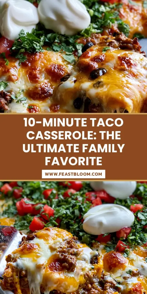 A vibrant taco casserole in a white ceramic dish featuring melted cheese pulls, fresh cilantro, and sour cream dollops.