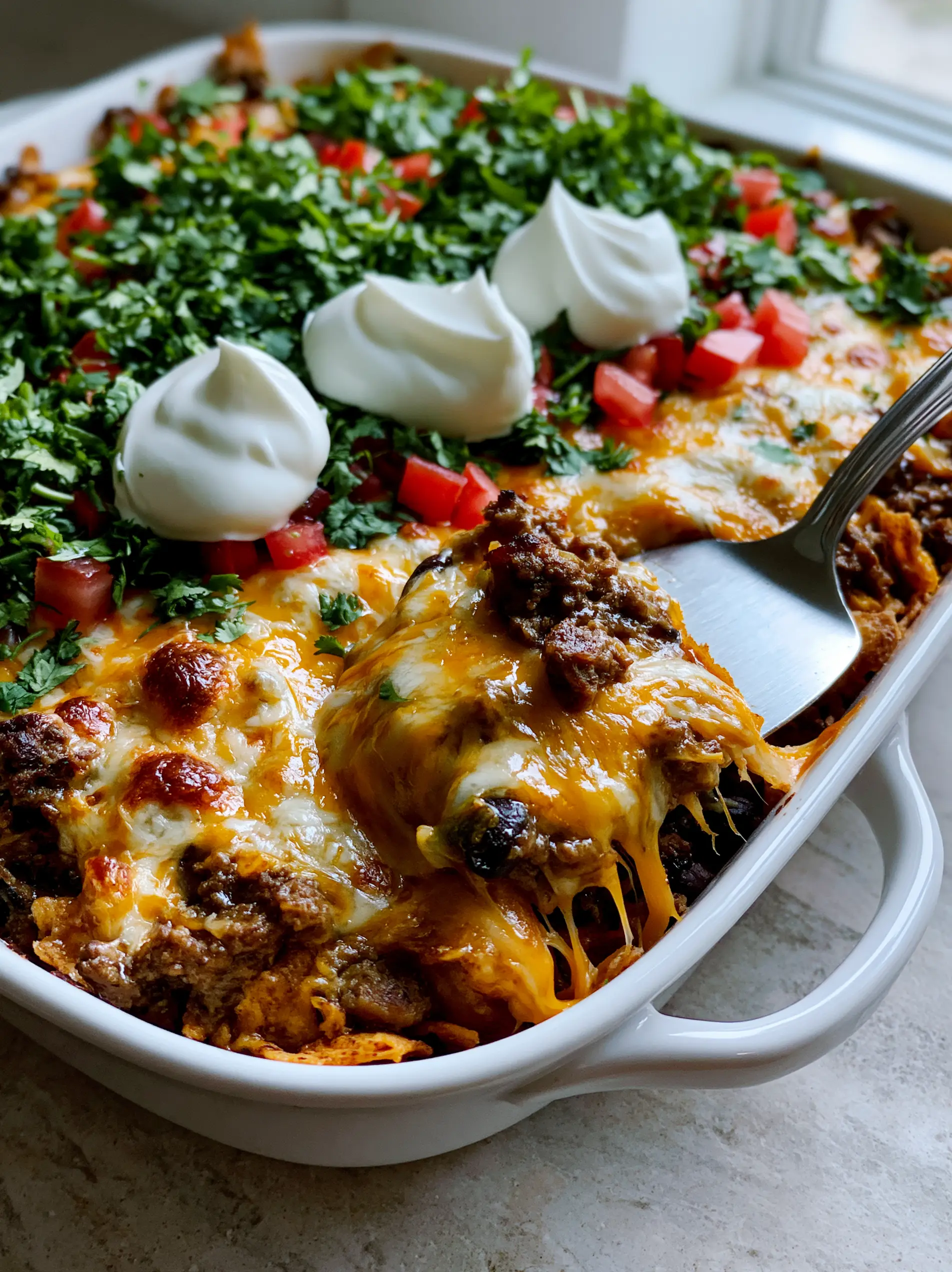 A close-up high-angle shot of a vibrant taco casserole in a white ceramic dish with golden-brown corn chips and melted cheese.