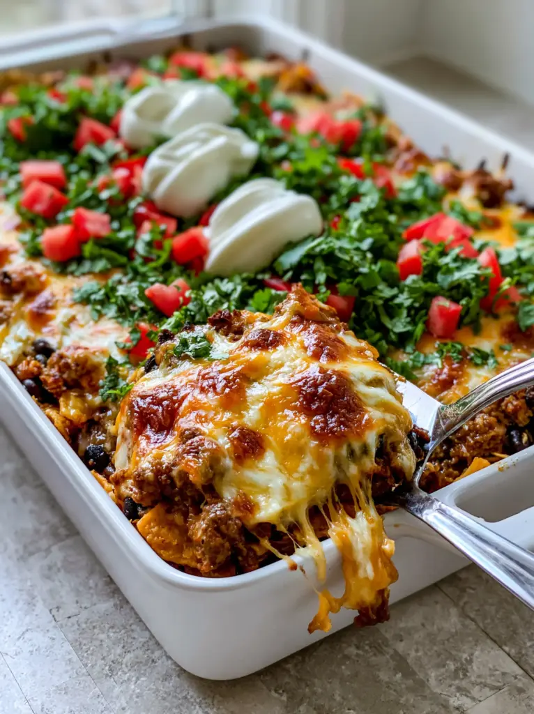 A silver spatula lifting a gooey square of taco casserole showing thick, stretchy cheese pulls.