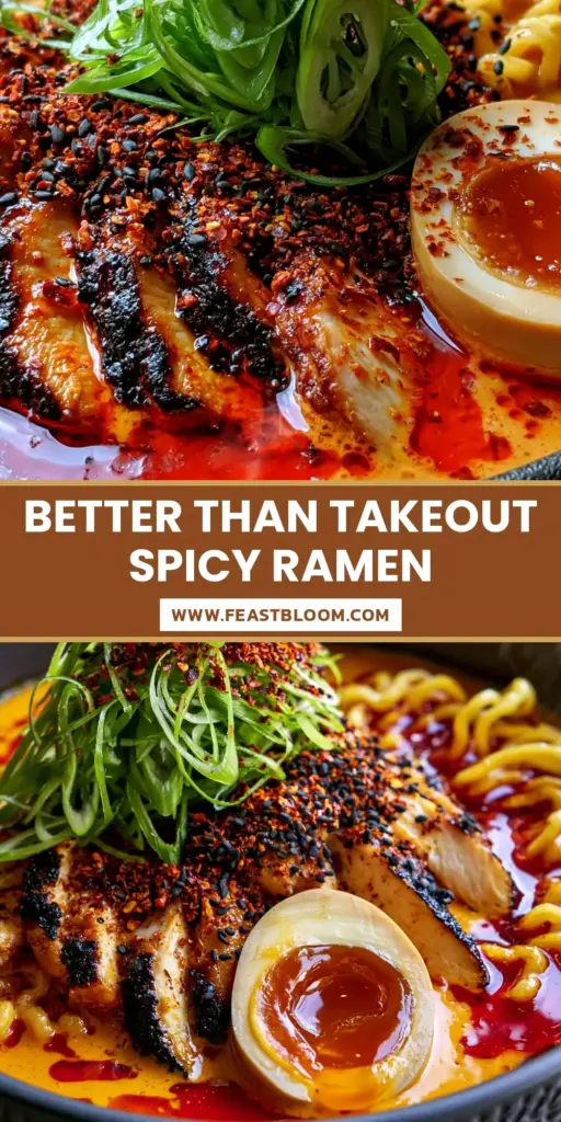 Close-up of spicy chicken ramen soup in a black bowl with red chili oil droplets and charred chicken slices.