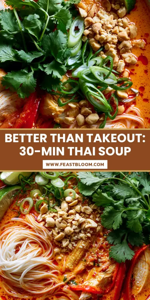 A rustic ceramic bowl of Thai red curry noodle soup with velvety orange broth, shimmering red oil, and fresh cilantro garnish.