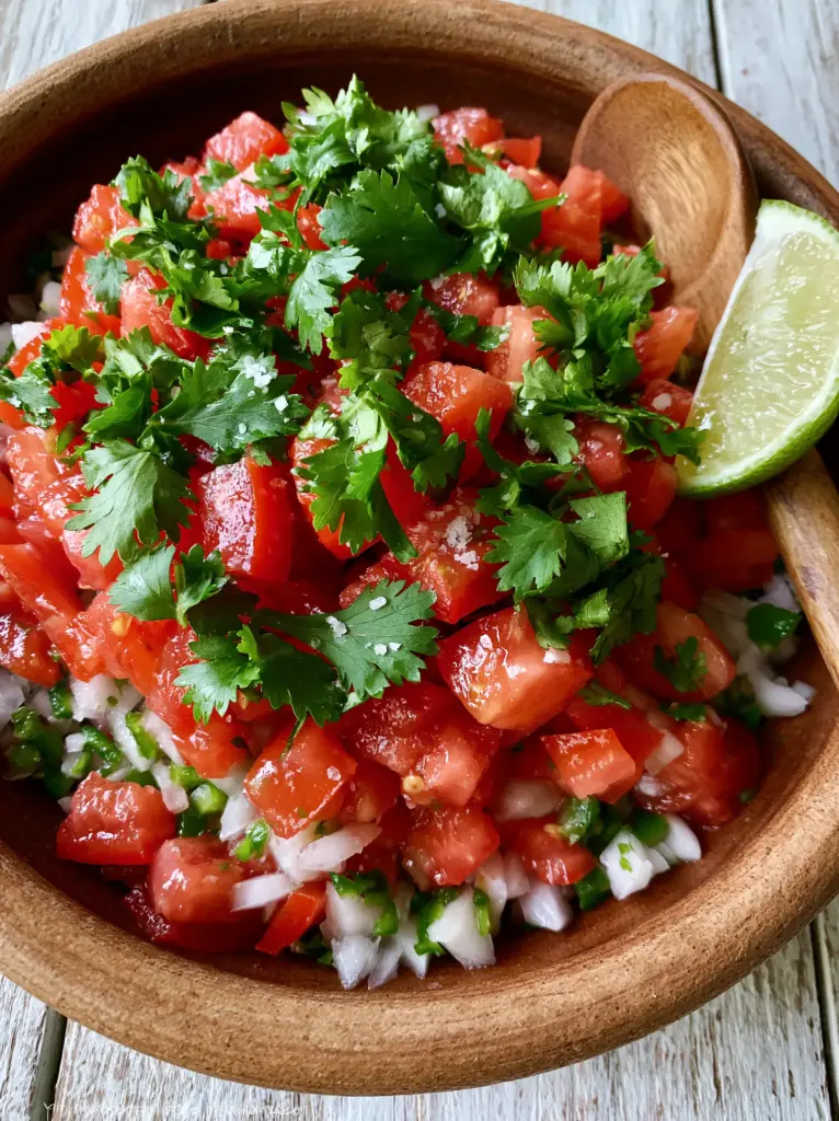Rustic terracotta bowl of pico de gallo on a weathered wood surface with a fresh lime wedge.