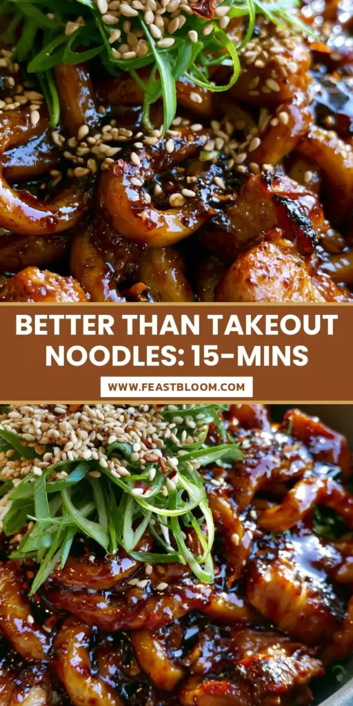 A close-up of glossy Chicken Teriyaki Noodles with seared chicken and green scallions in a charcoal bowl.