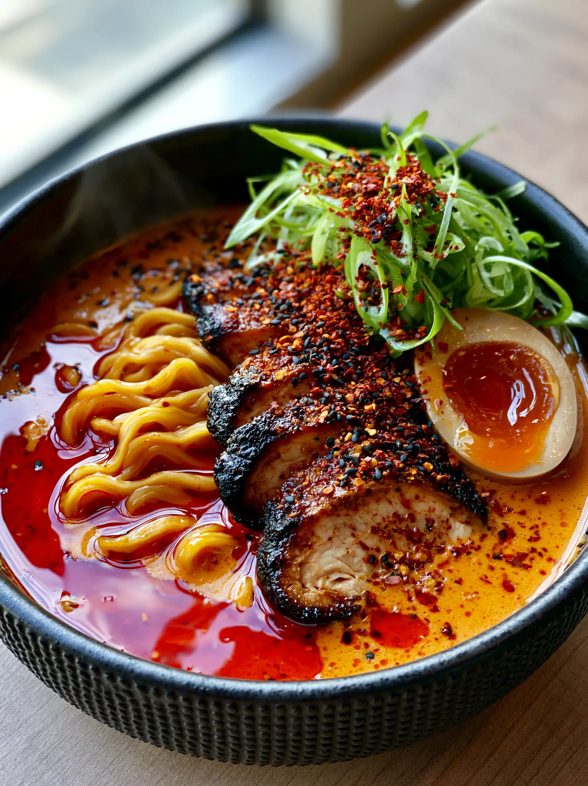 Extreme close-up of wavy ramen noodles and creamy orange sesame broth in a spicy chicken ramen soup bowl.