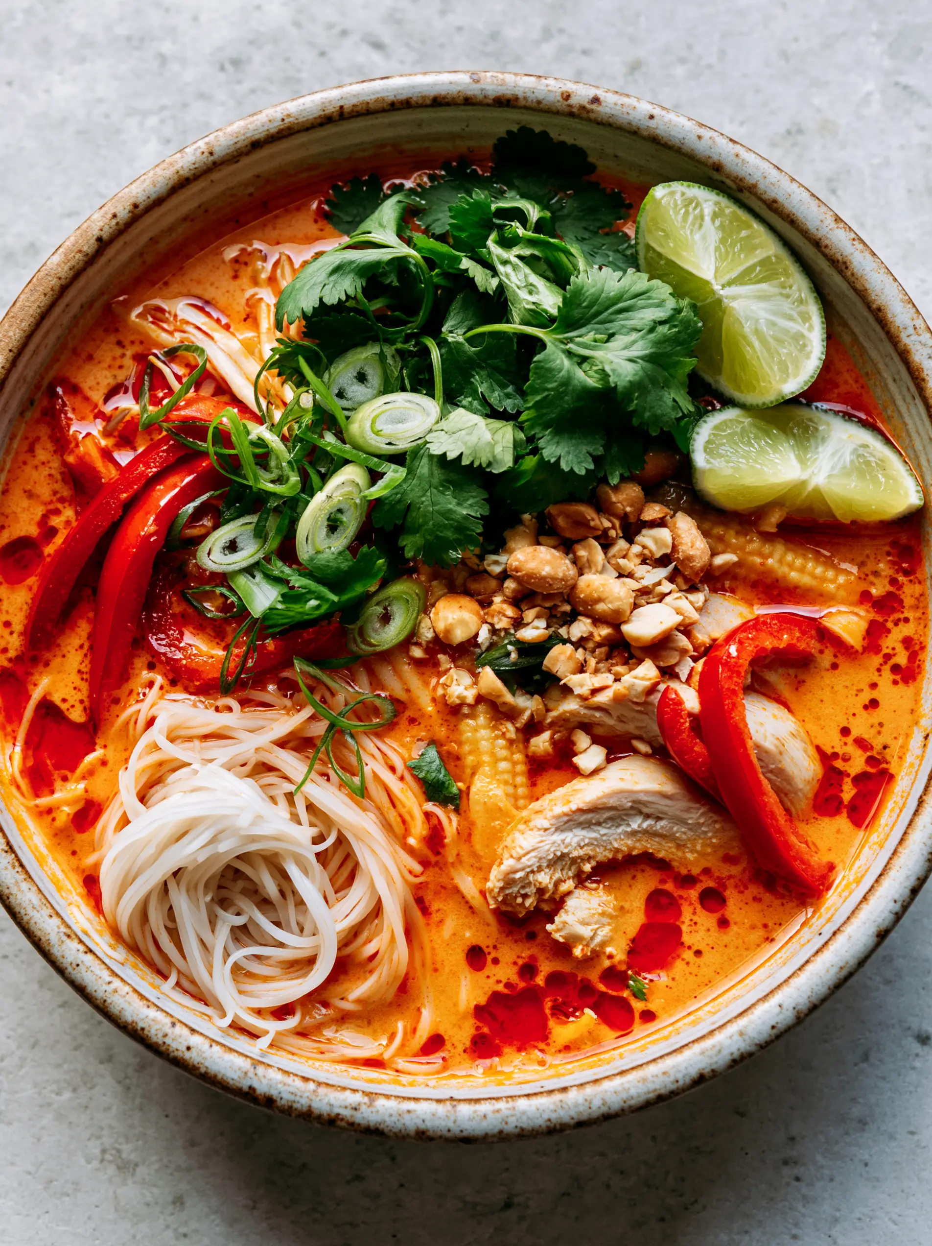 Top-down view of Thai red curry noodle soup showing translucent rice noodles and bright red bell pepper strips.