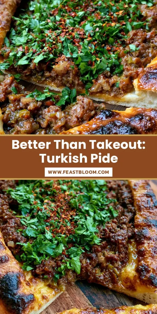 A handheld boat-shaped Turkish Pide with a blistered crust and steaming beef filling on a wooden board. (Pide)