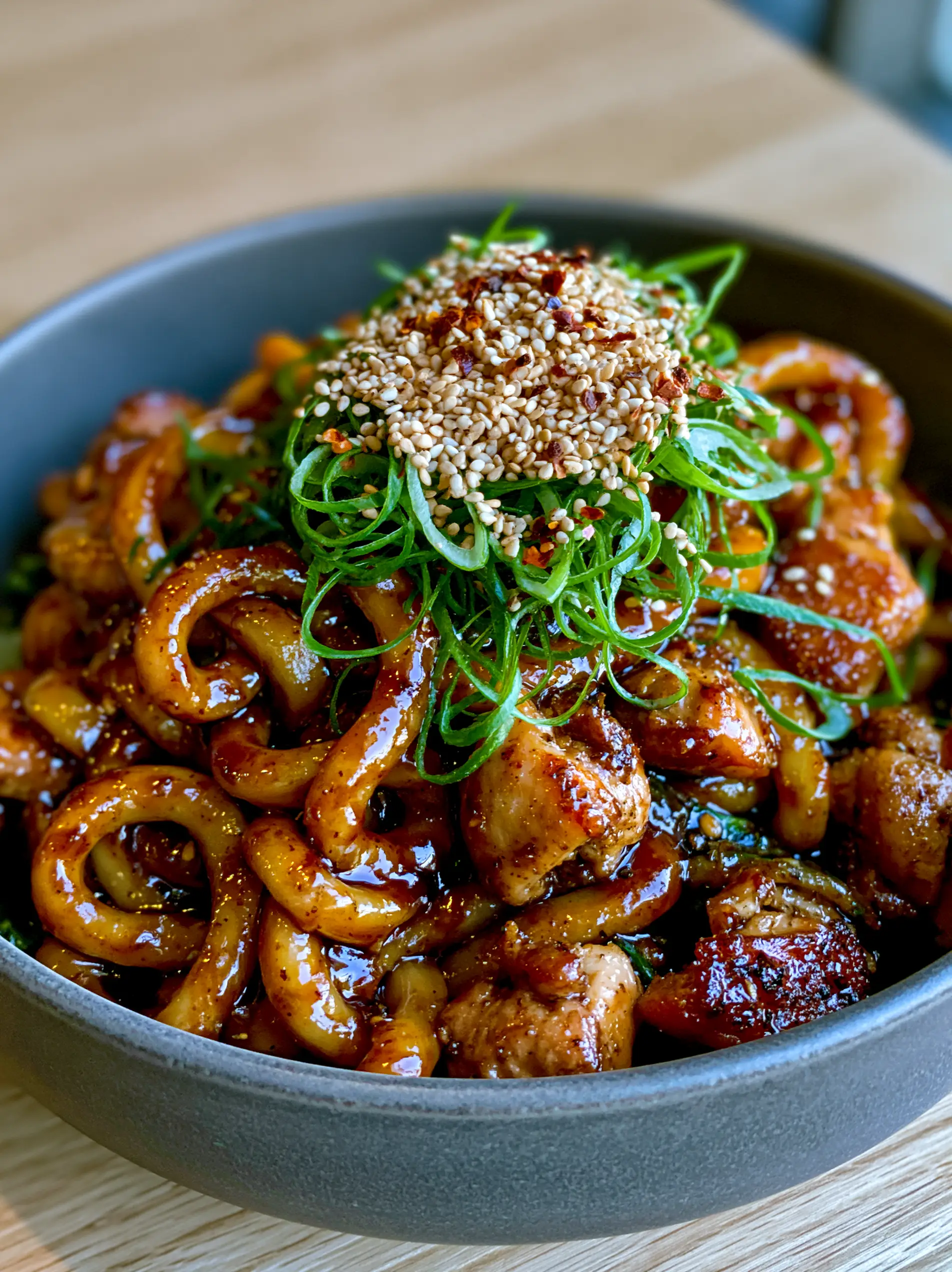 Close-up hero shot of thick, chewy udon noodles drenched in a dark, viscous, mahogany-colored teriyaki glaze. (Chicken Teriyaki Noodles)