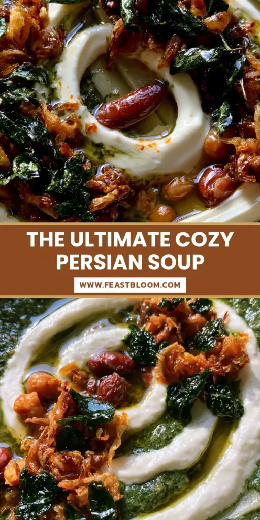 A rustic ceramic bowl of Ash Reshteh featuring kashk spirals and dark emerald mint oil. (Persian Soup Recipe)