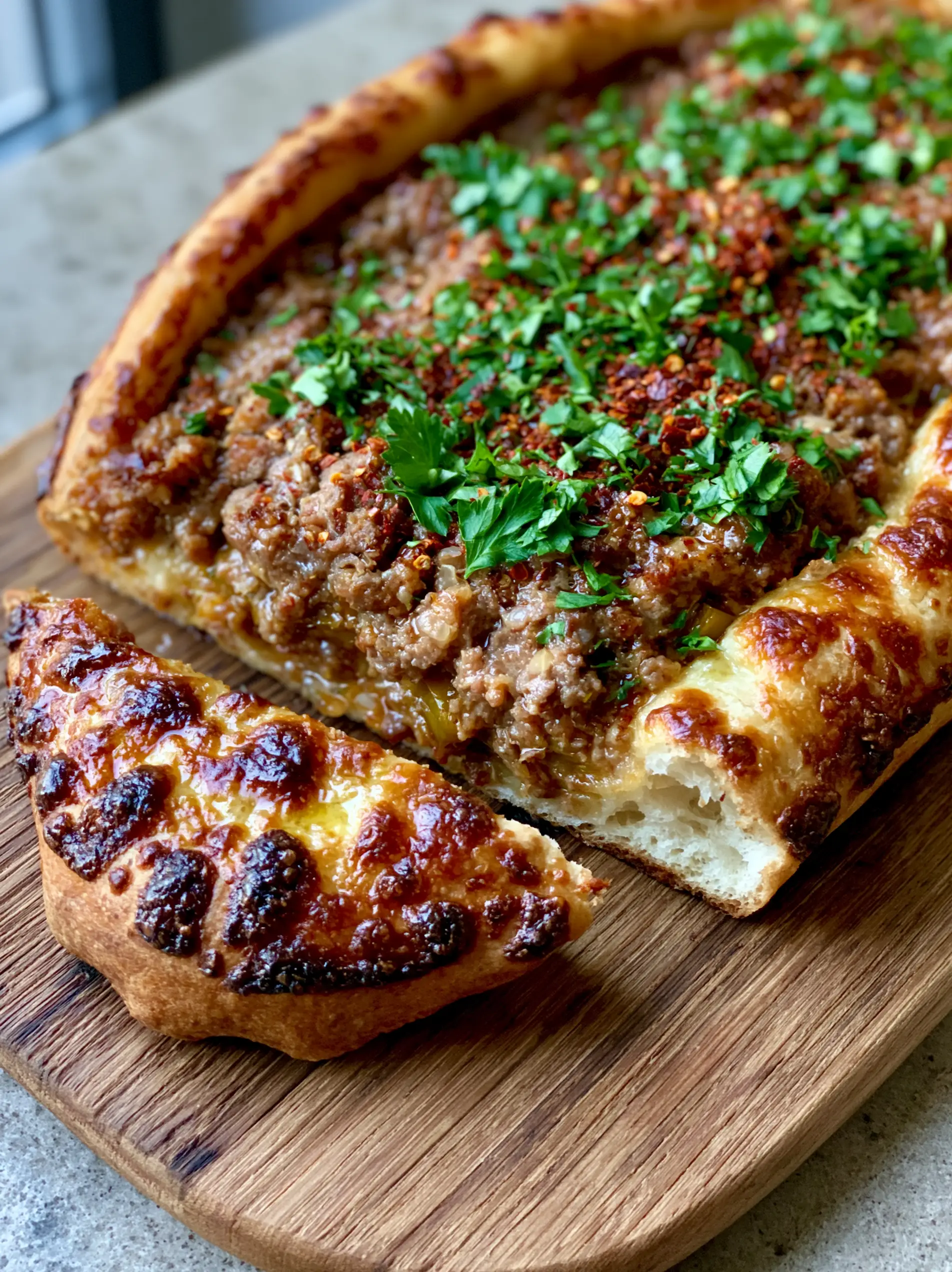 Close-up macro of a Turkish Pide showing the soft interior crumb and steaming minced beef. (Pide)