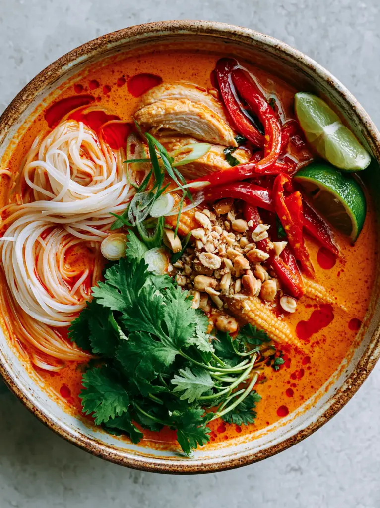 Detailed shot of poached chicken and baby corn in a rich Thai red curry noodle soup broth.