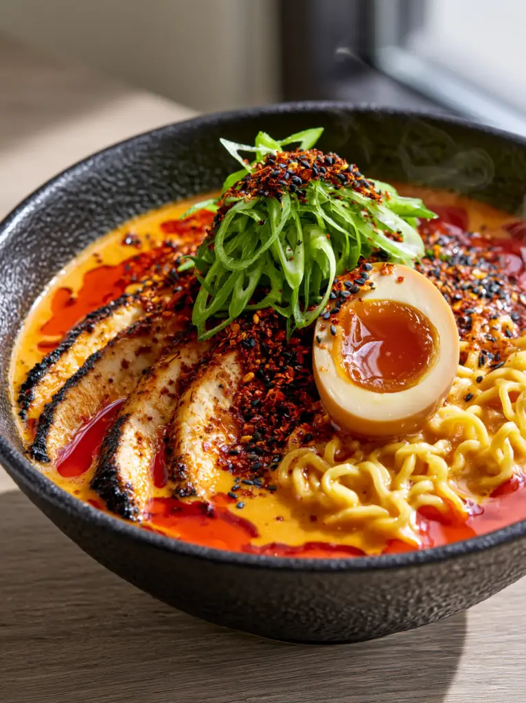 Detailed view of charred chicken breast and jammy egg yolk topping a spicy chicken ramen soup.