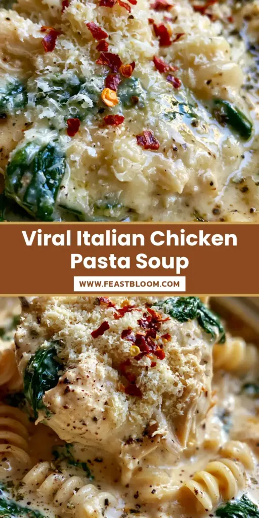A rustic ladle scooping thick Italian chicken pasta soup with rotini and spinach from a white crock pot.