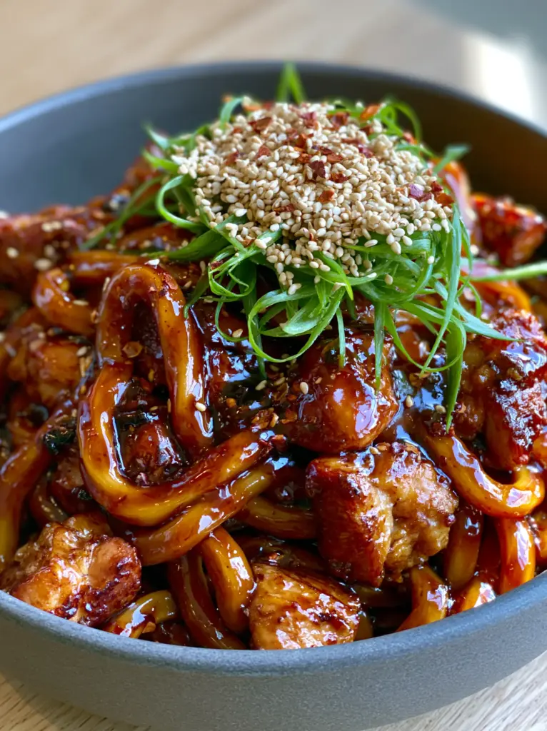 Bite-sized chunks of golden-brown caramelized chicken thigh interspersed with udon noodles. (Chicken Teriyaki Noodles)