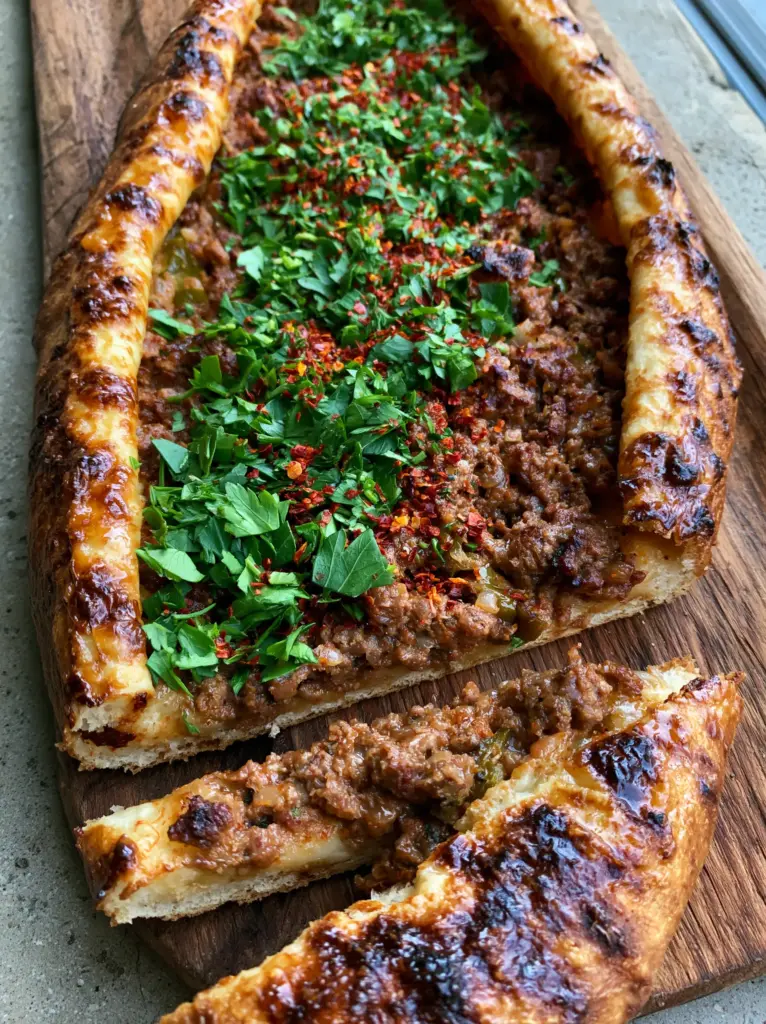 Top-down view of a Pide topped with fresh parsley and Aleppo pepper flakes on a wooden board.