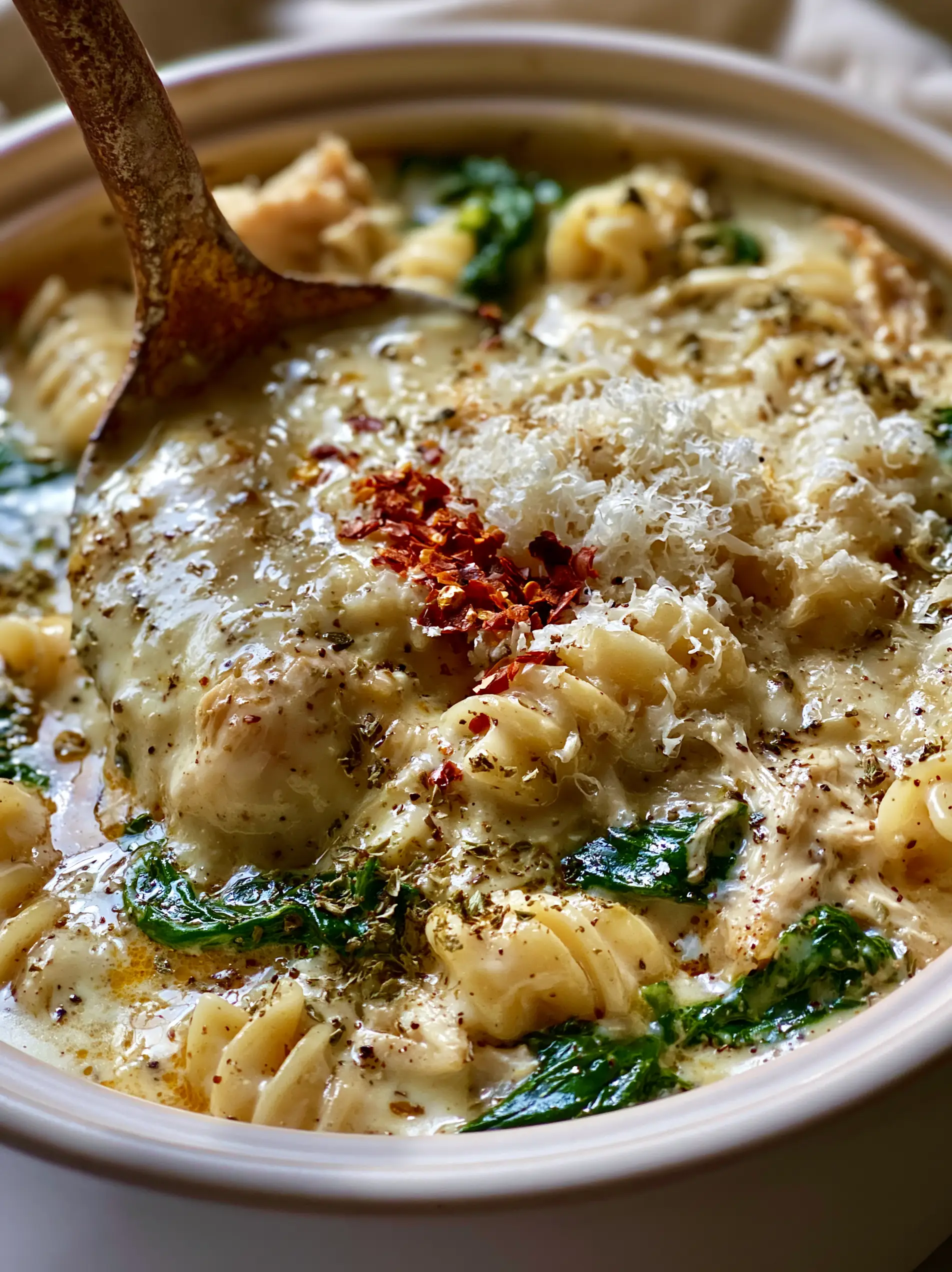 Extreme macro of Italian chicken pasta soup showing shredded chicken, rotini spirals, and cracked black pepper.