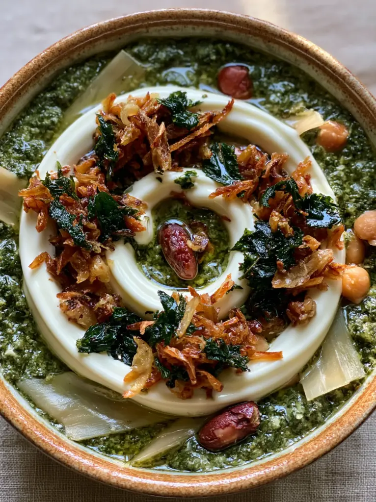 Overhead shot of Persian Soup with creamy white kashk and dark mint-infused oil.
