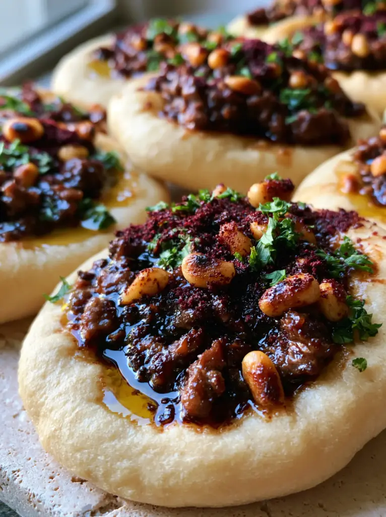 Side view of a pillowy Lebanese meat pie on a rustic light stone surface. (Lebanese meat pies)