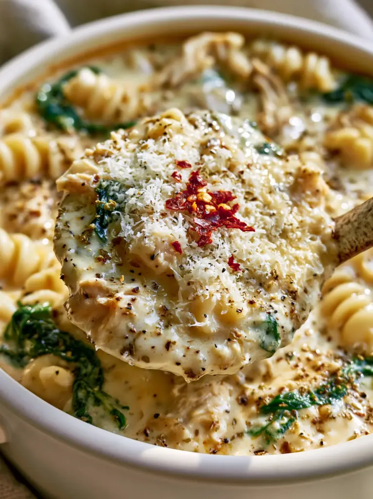 Close-up of vibrant wilted spinach ribbons and parmesan cheese in a bowl of Italian chicken pasta soup.