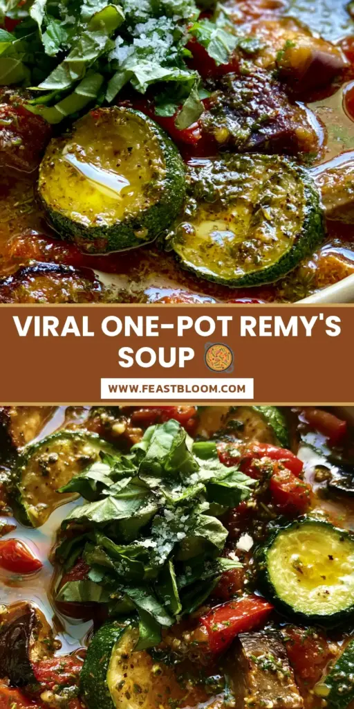 A steaming matte cream bowl of chunky ratatouille soup with charred eggplant, zucchini rounds, and fresh basil garnish. (ratatouille soup)