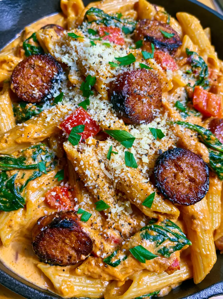 Macro view of seared andouille sausage and wilted spinach inside a bowl of Creamy Cajun Pasta.