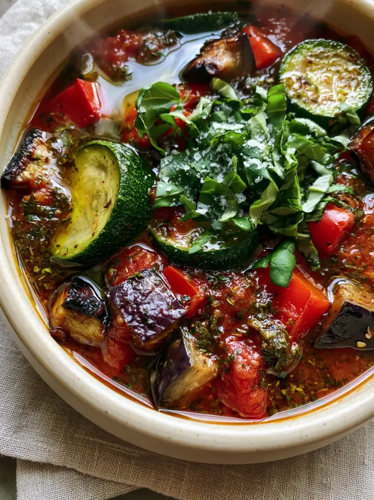 Top-down macro shot of ratatouille soup showing glossy olive oil drizzle and vibrant zucchini rounds. (ratatouille soup)