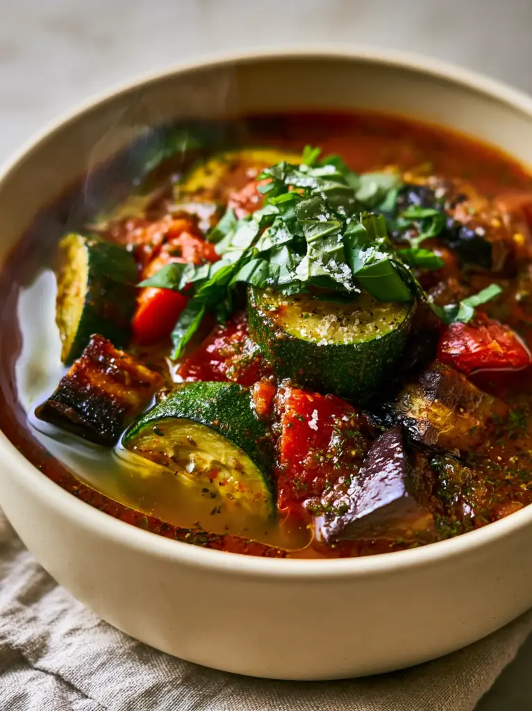 Side view of ratatouille soup in a stoneware bowl with rising steam and a linen napkin context.