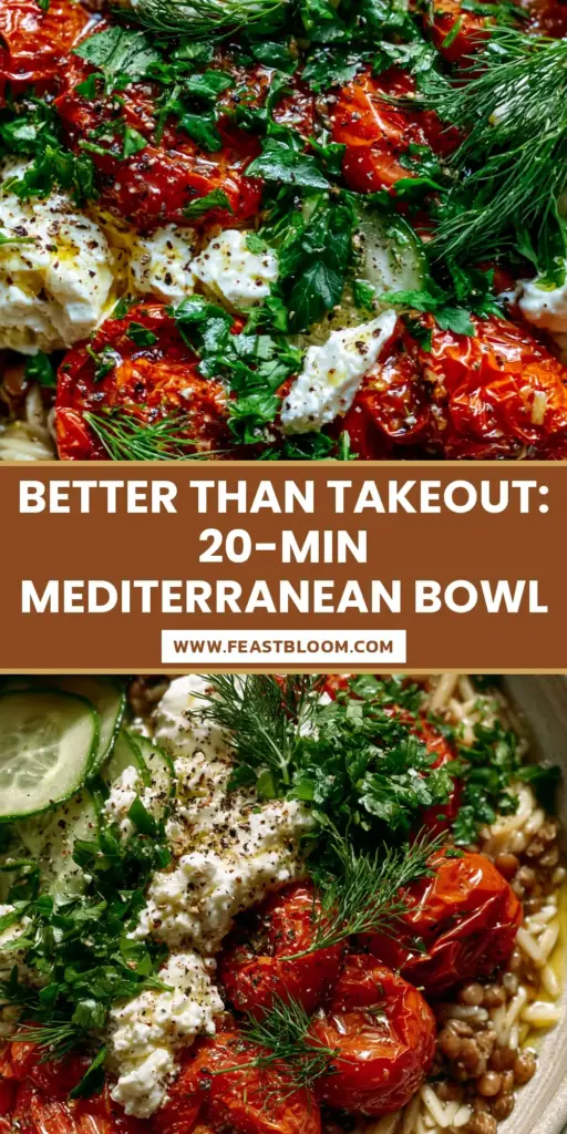 A macro top-down shot of a Mediterranean lentil and orzo bowl featuring blistered tomatoes and charred lemons.