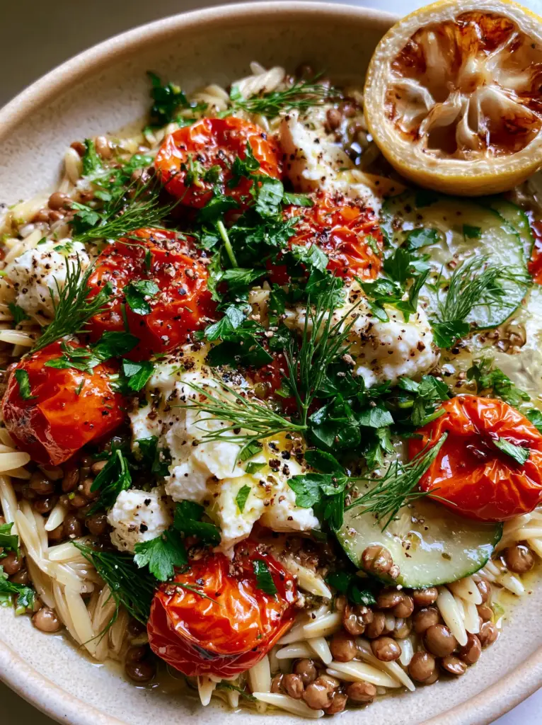 Close up of al dente orzo and brown lentils tossed in a lemon-herb vinaigrette with feta. (mediterranean lentil and orzo)