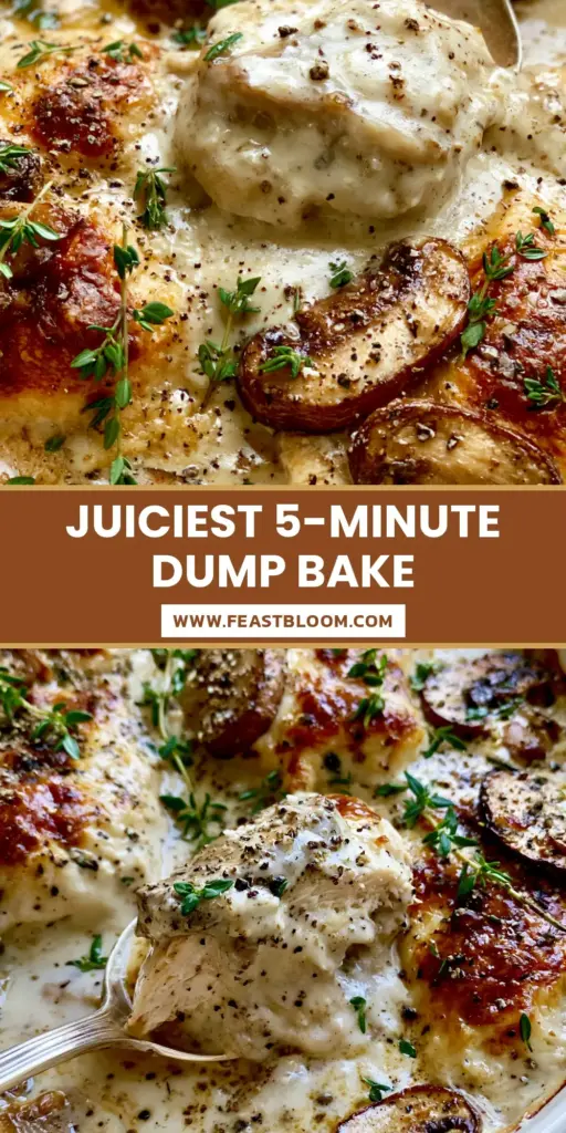 A bubbling cream of mushroom soup chicken bake in a rustic white dish, topped with fresh thyme and cracked black pepper.