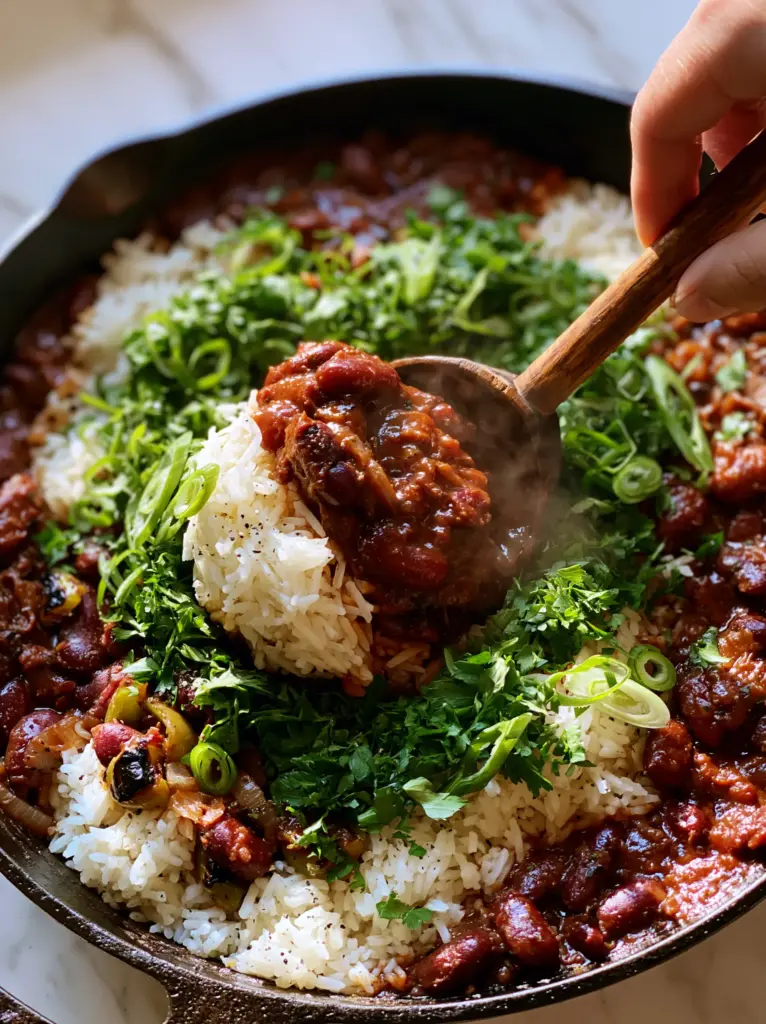 Top-down extreme close-up of a Kidney Beans and Rice Skillet showing charred bell peppers, translucent onions, and glossy red gravy.