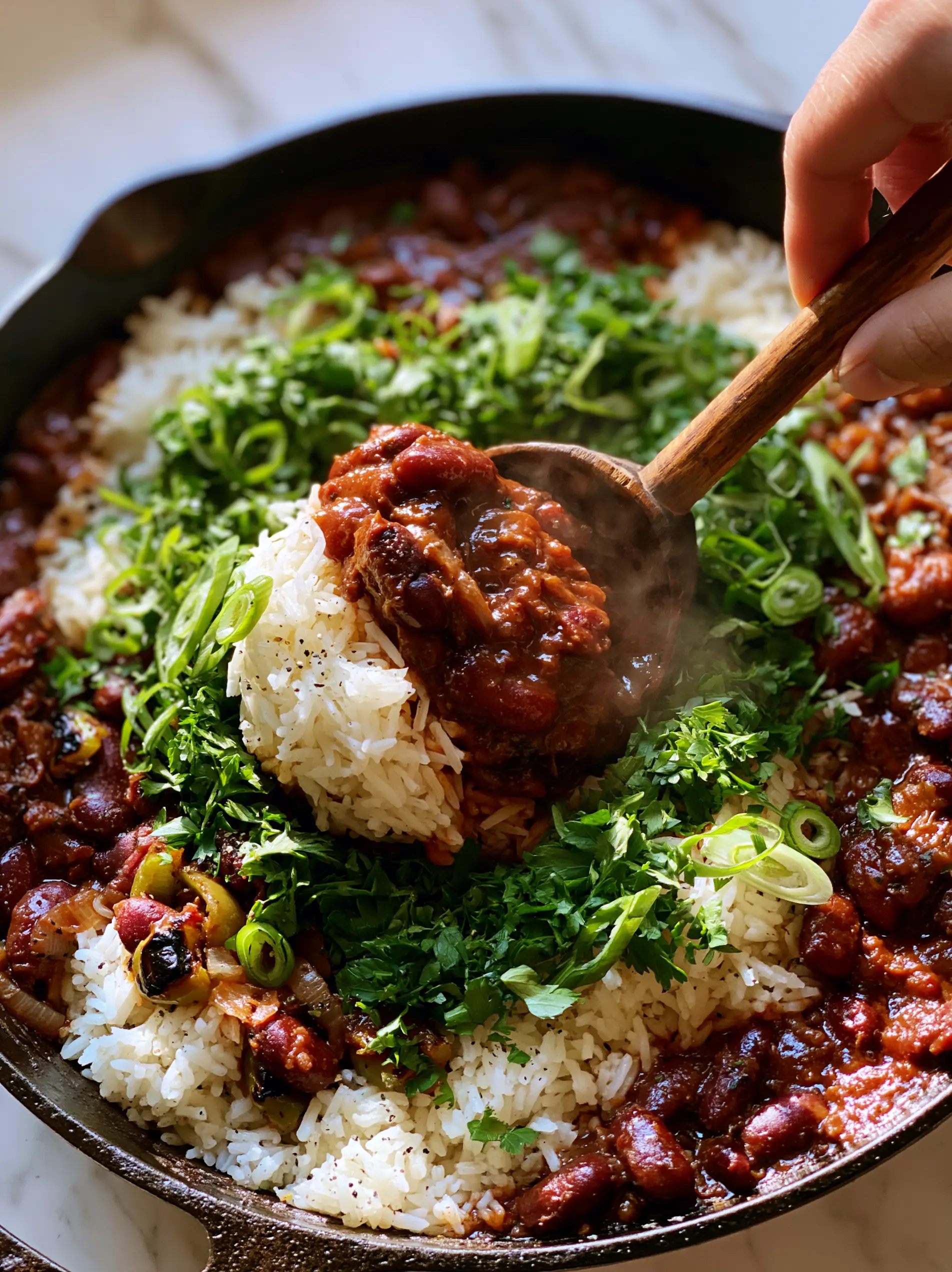 Top-down extreme close-up of a Kidney Beans and Rice Skillet showing charred bell peppers, translucent onions, and glossy red gravy.