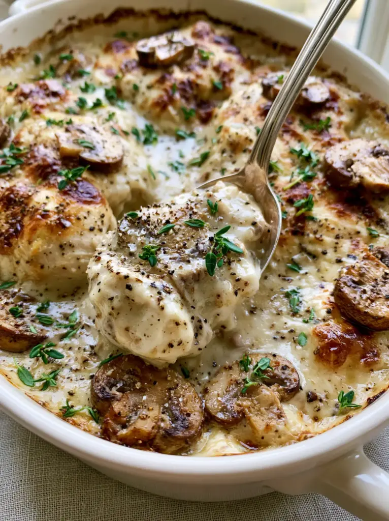 Macro close-up of golden-brown caramelized chicken and earthy cremini mushrooms in an ivory gravy. (cream of mushroom soup chicken bake)