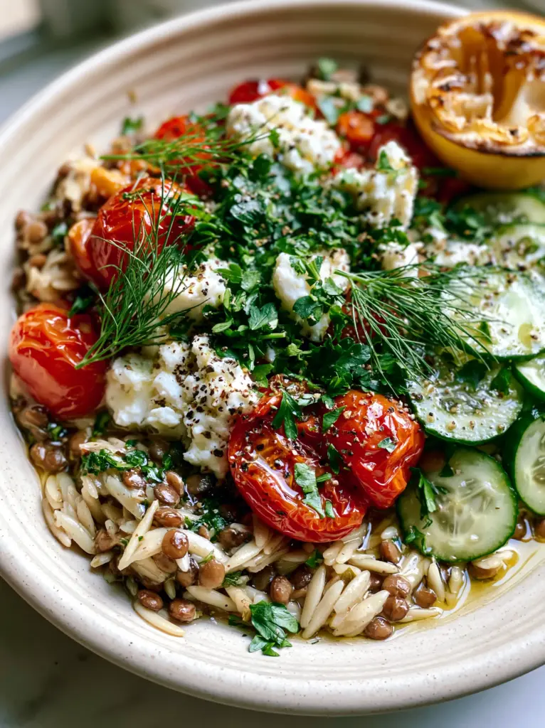 Vibrant Mediterranean lentil and orzo salad in a ceramic bowl with blistered cherry tomatoes and Persian cucumbers.