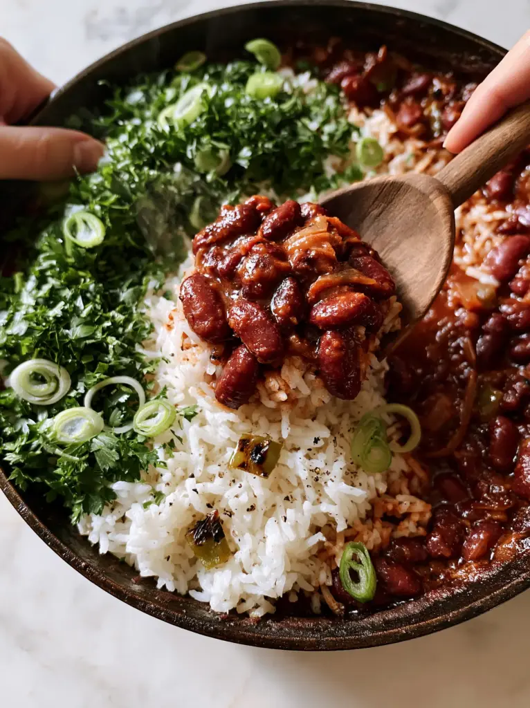 A wooden spoon lifting a large, steaming scoop of Kidney Beans and Rice Skillet from a cast iron pan.