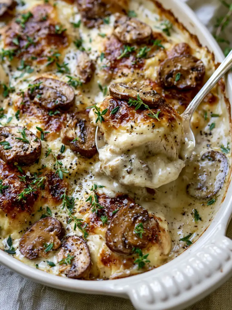 A silver spoon lifting a portion of succulent chicken from a bubbling mushroom gravy. (cream of mushroom soup chicken bake)