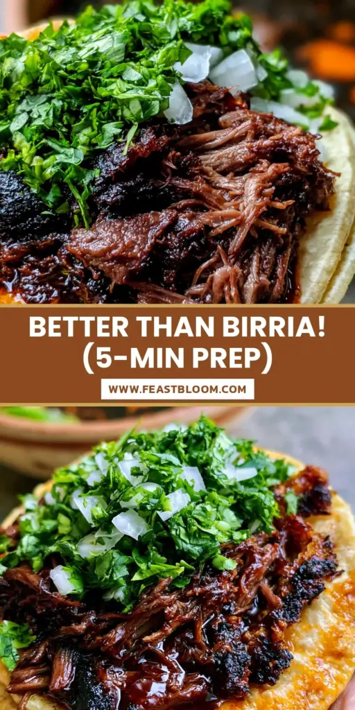 A handheld street taco overflowing with dark mahogany shredded beef, garnished with fresh cilantro and white onions, with a side of beef consommé. (shredded beef tacos)