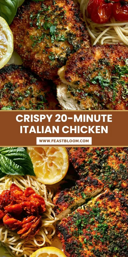 A handheld smartphone photo of three golden-brown Italian Basil Chicken Cutlets on a white platter with blistered tomatoes and spaghetti.