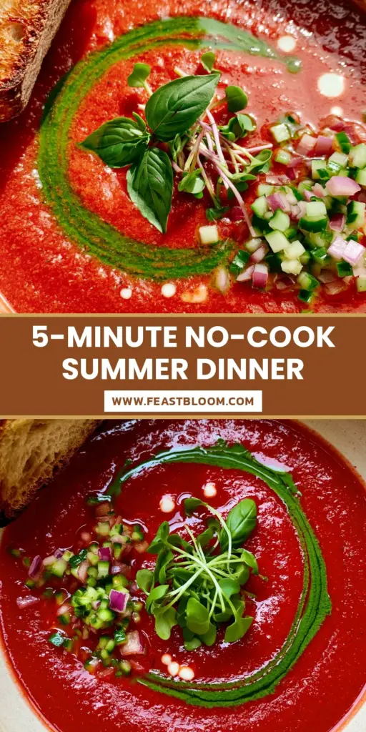 A top-down view of a creamy bowl of red gazpacho with basil oil and charred sourdough. (summer soup recipes)