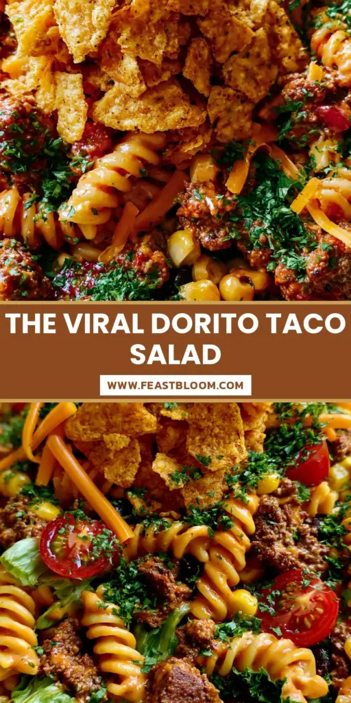 A vibrant, overflowing rustic bowl of Taco Pasta Salad with rotini, ground beef, and jagged Nacho Cheese Doritos on a white linen background.