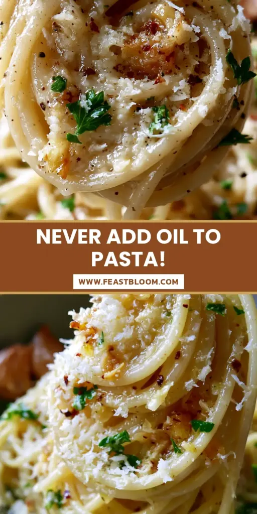 A close-up vertical shot of Garlic butter pasta nests topped with a heavy cloud of parmesan and toasted garlic slivers.