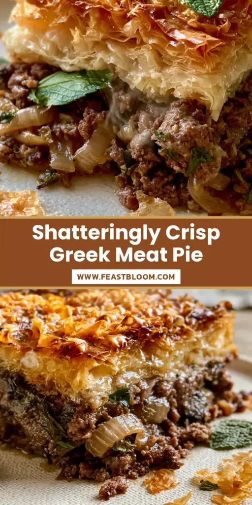 A close-up of a square of Greek Meat Pie (Kreatopita) showing the golden-brown ruffled phyllo layers and succulent ground lamb filling.