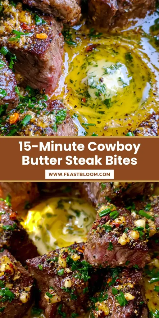A rustic cast iron skillet filled with mahogany-crusted ribeye steak bites drenched in golden garlic butter and topped with fresh herbs. (cowboy butter steak bites)