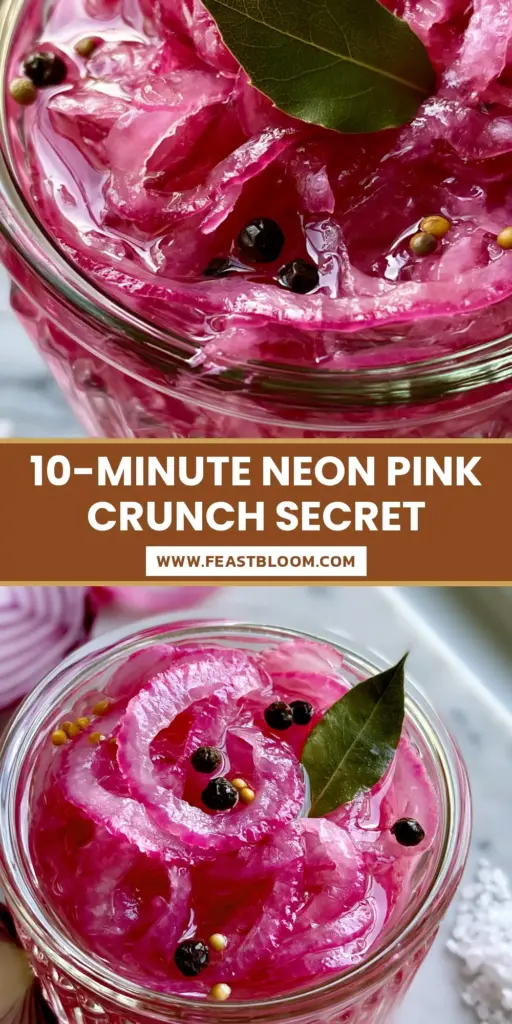 A minimalist fluted glass jar overflowing with paper-thin neon pink pickled red onions on a marble surface, perfect for pickling recipes.