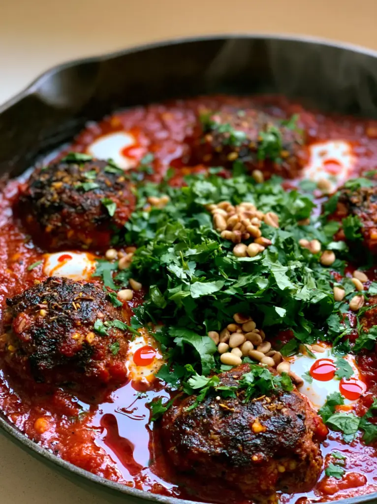 Overhead view of Moroccan meatballs topped with yogurt, pine nuts, and vibrant green cilantro. (Moroccan meatballs)