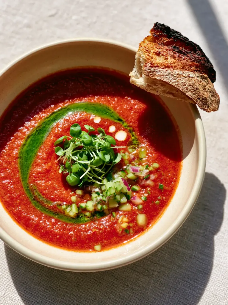 Close up shot of silky deep-red gazpacho in a cream bowl with micro-basil. (summer soup recipes)